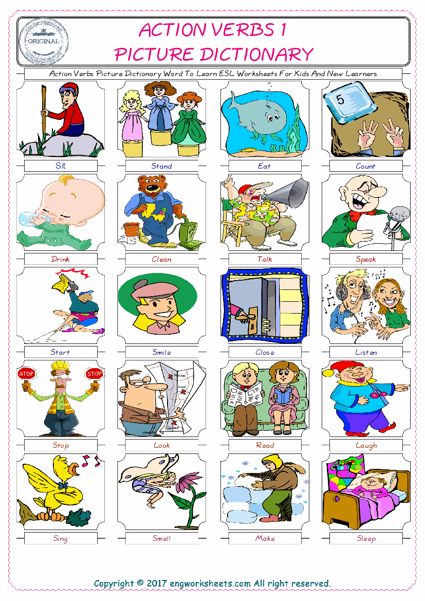  Action Verbs English Worksheet for Kids ESL Printable Picture Dictionary 